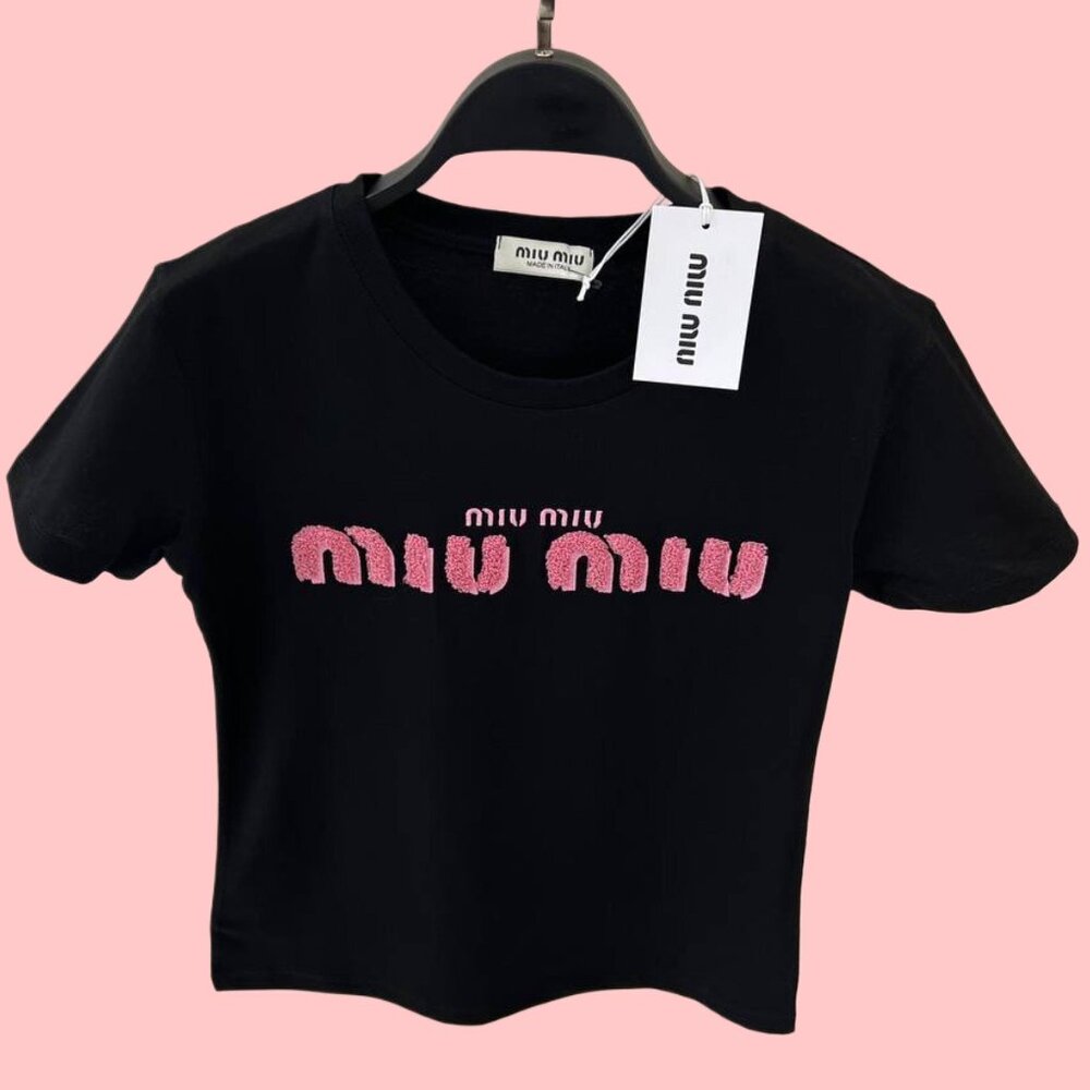 Miu Miu Women Cotton T-Shirt Crewneck Black Nwt